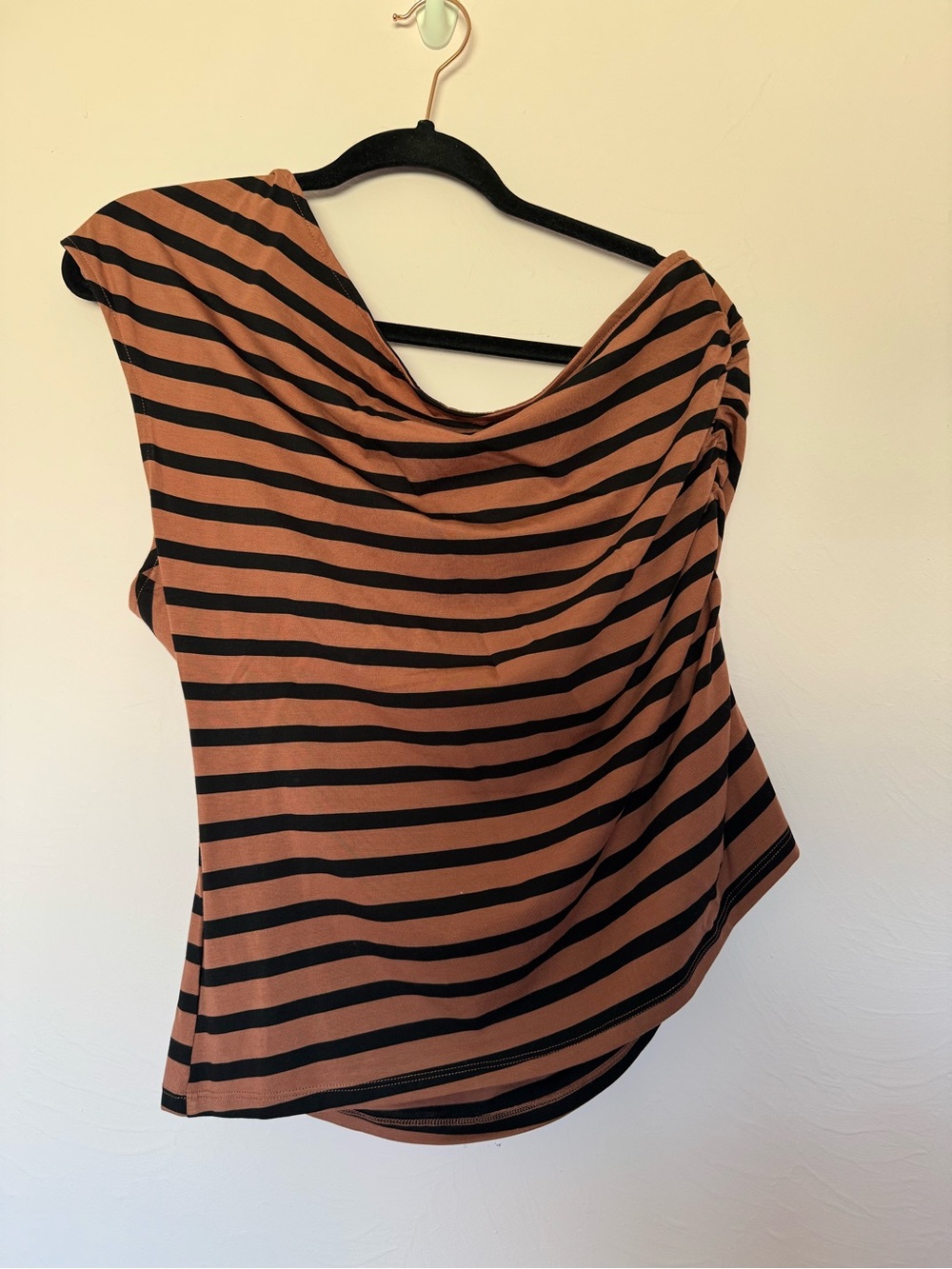 a new day Black and Brown Striped One Sleeve Cowl Tank